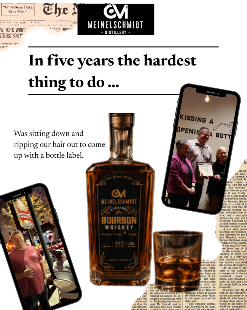 A bourbon whiskey bottle and glass are centered among phones showing people at an event. Text reads: 