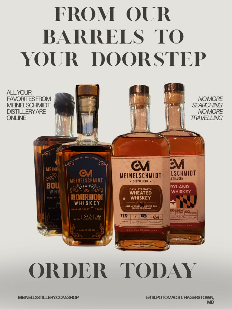 Four whiskey bottles from Meinelschmidt Distillery stand in front of text promoting online orders and home delivery, with the distillery’s website and address displayed at the bottom.