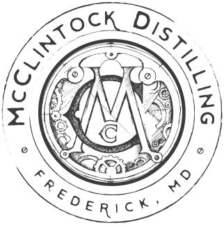 Circular logo for McClintock Distilling, featuring gears and a stylized 
