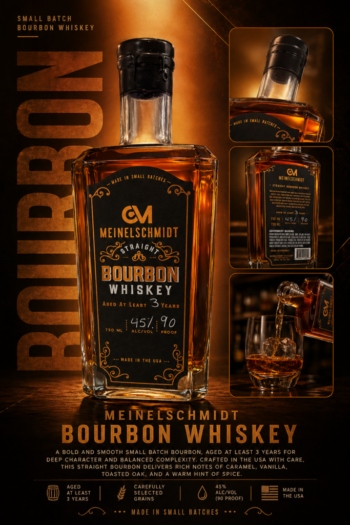 A bottle of Meinelschmidt Bourbon Whiskey is shown with product details, a close-up of the label, a side view, and a whiskey glass. The background is dark with orange text and accents highlighting the whiskey's features.