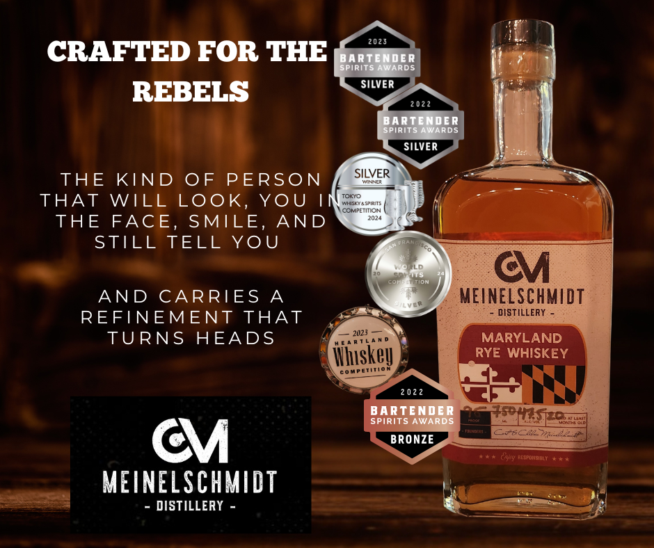 A bottle of Meinelschmidt Maryland Rye Whiskey with award medals, branded logo, and bold text: 