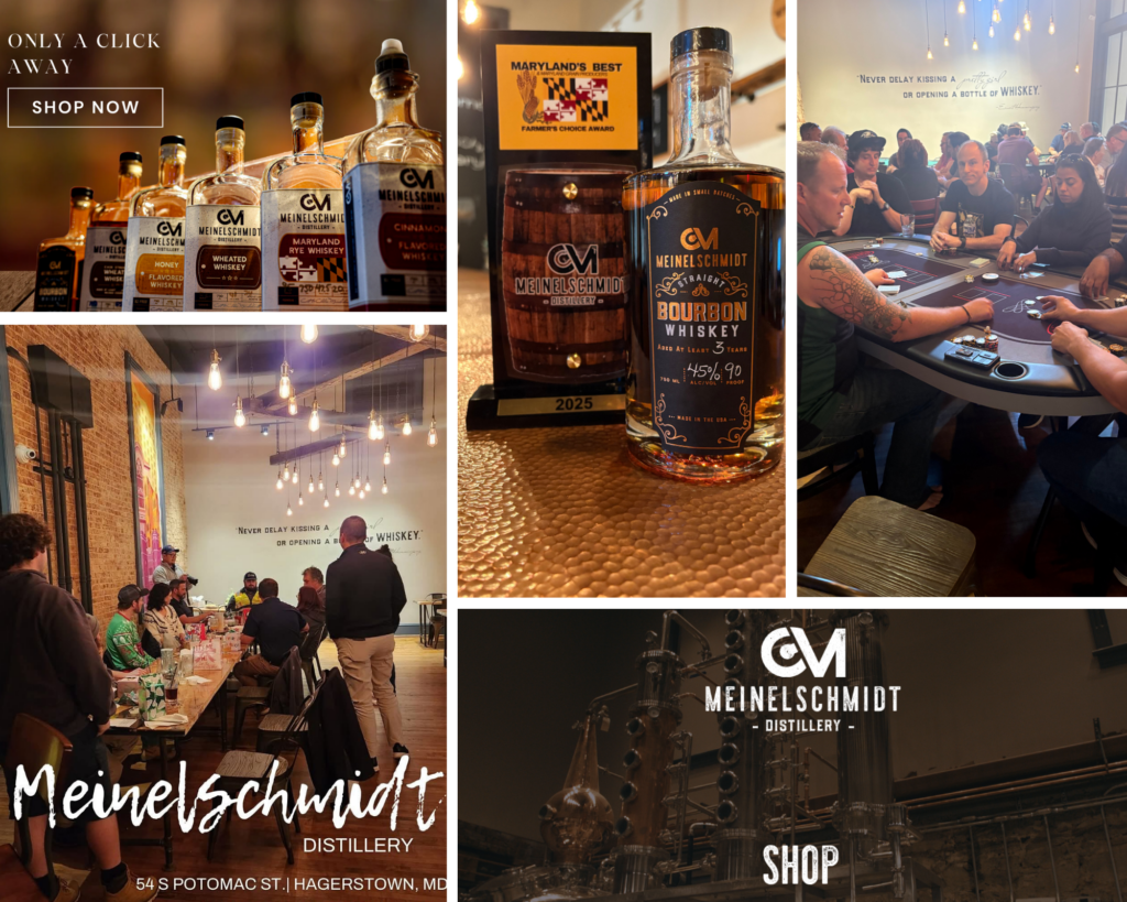 Collage of Meinelschmidt Distillery images: whiskey bottles, people tasting and playing cards, bar interior, a whiskey award, and distillery equipment, with text for online shopping and the distillery’s location.
