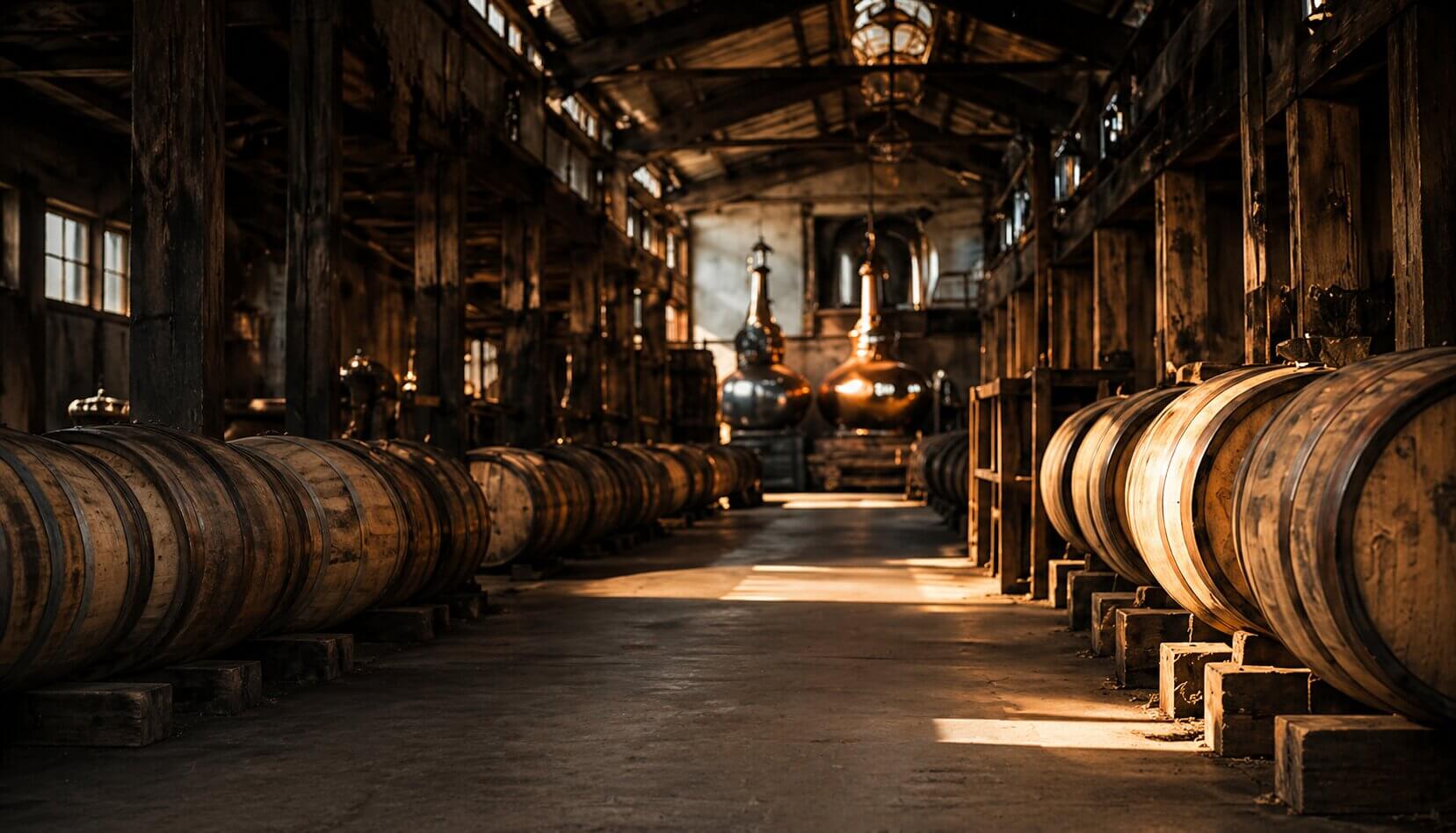 A dimly lit distillery with rows of large wooden barrels on each side and two copper stills at the far end, sunlight streaming in through high windows, creating a warm, rustic atmosphere.
