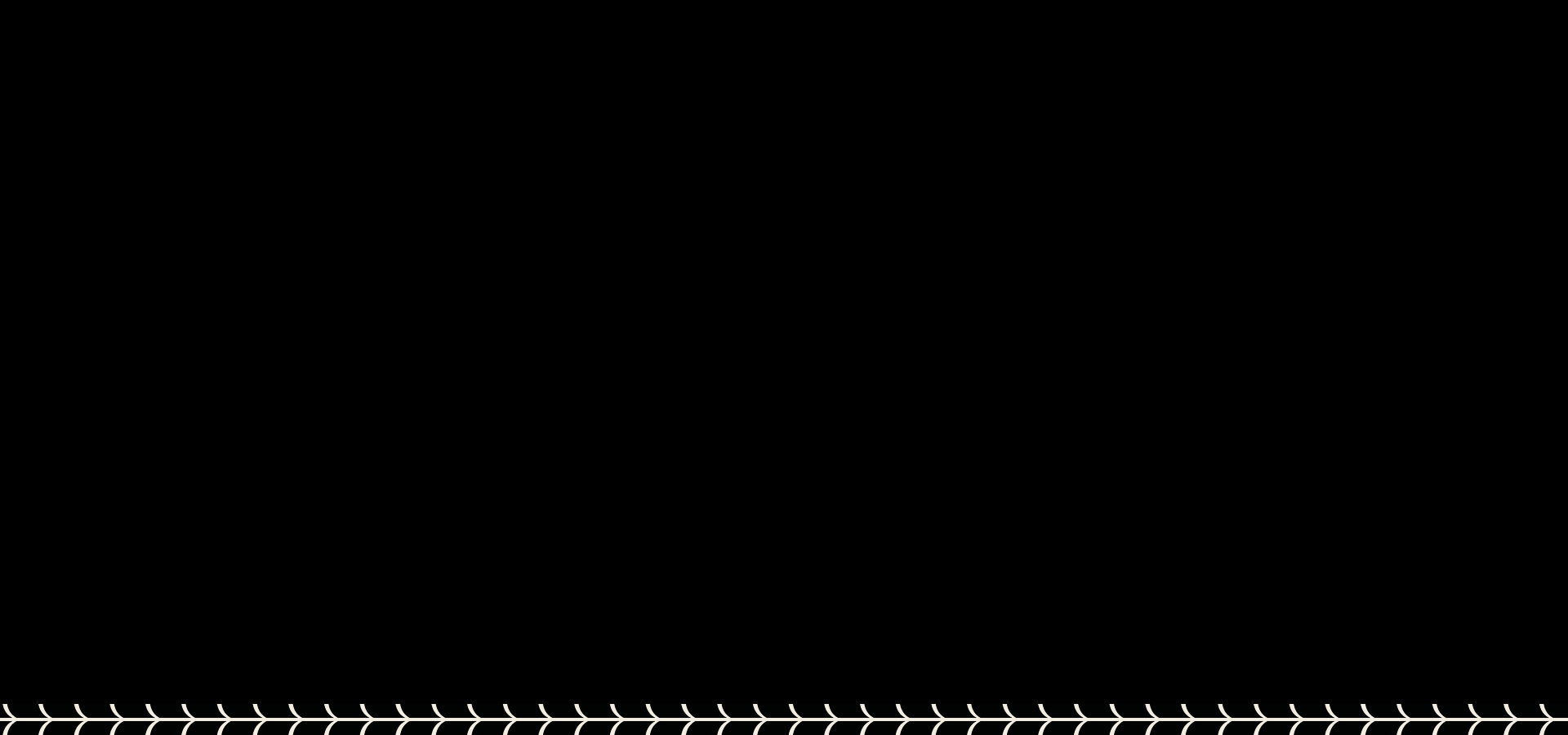 A row of black and white fish swim from left to right along the bottom of the image against a plain black background. The fish are simple and evenly spaced, forming a continuous border.